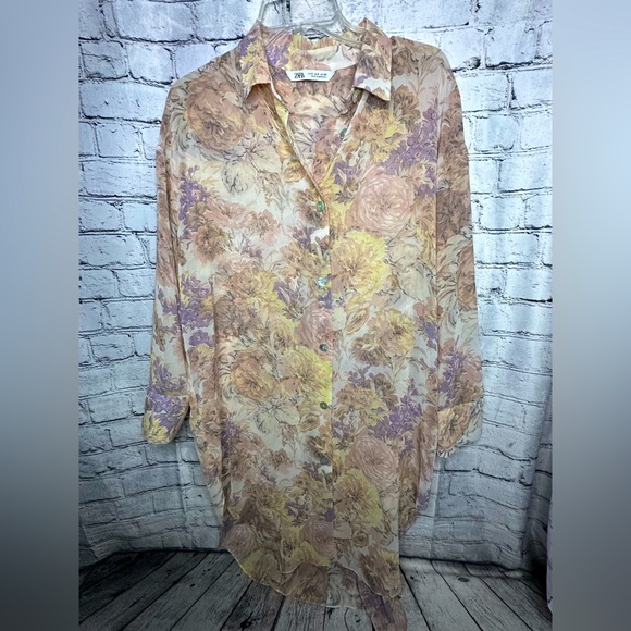 Zara Printed Long Sleeve Shirt Button Down Tunic Dress Sheer Floral Small - Picture 1 of 9